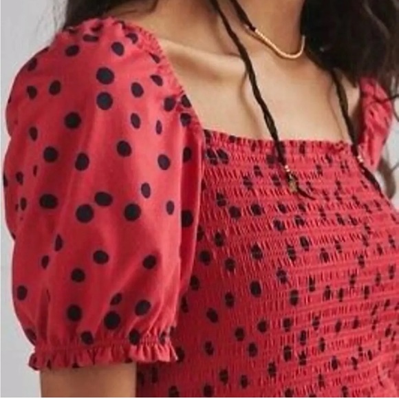 Puffed sleeved square neck smocked bodice red and navy polka dot top - Picture 3 of 6